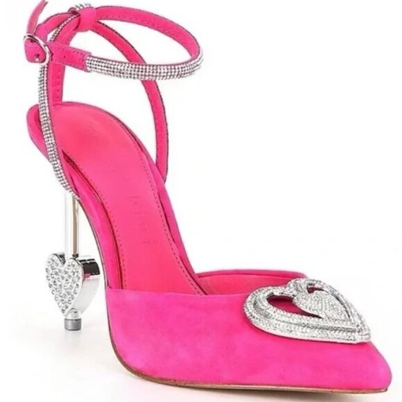 Gianni Bini Suede Barbie Pink & Silver Heart Annika Ankle Strap Heels size 9.5 - Picture 1 of 8